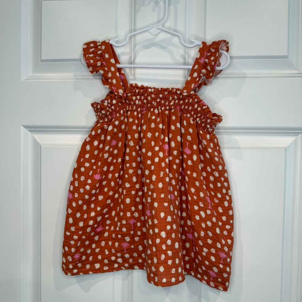 Cat & Jack Girls Rust Polka Dot Palm Tree Smocked Ruffle Tank Top Size M 8